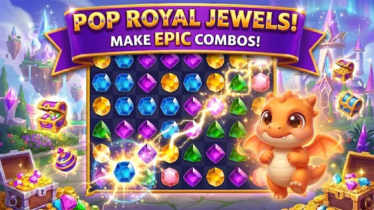A jewel board framed by castle towers, with a small dragon character beside it